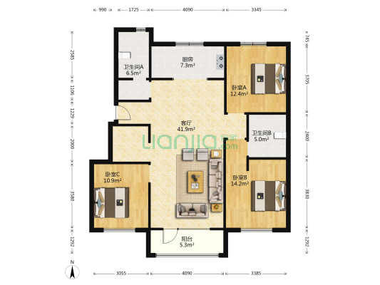 美的瀚悦府 3室1厅2卫 125平方
