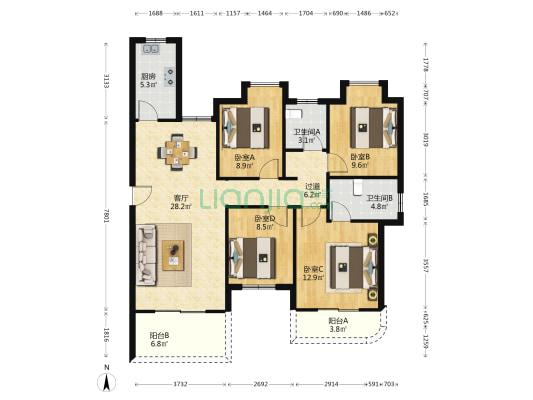 新城吾悦广场一期 4室1厅2卫 129平方