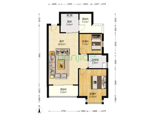 联盟佳苑 2室1厅1卫 80平方