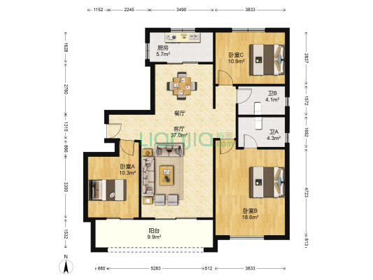 中海上东区 3室1厅2卫 125平方