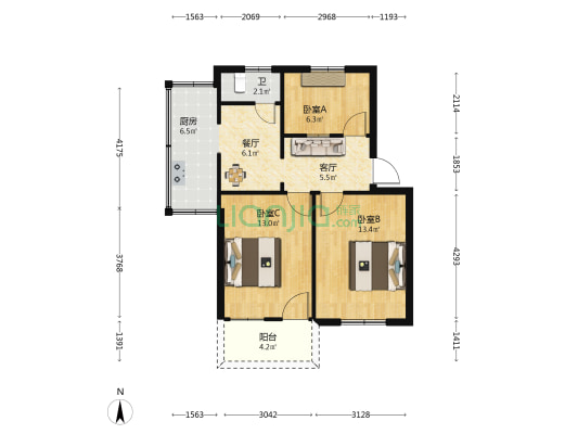 对湖路19号 3室2厅1卫 66平方