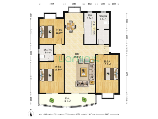 龙泉花园西区 3室1厅2卫 147平方