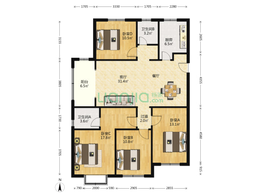 荣盛听澜雅居 4室1厅2卫 144平方