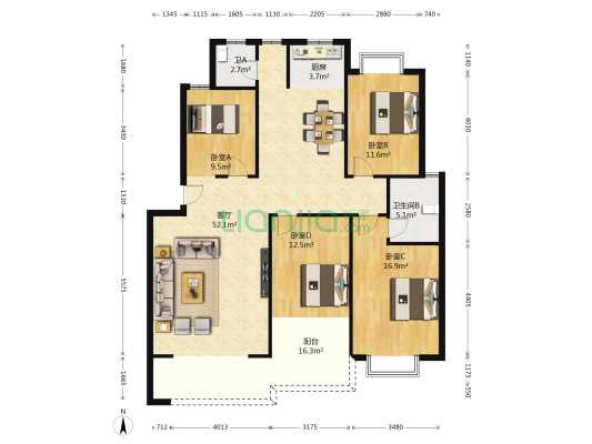 润康家园 4室1厅2卫 143平方