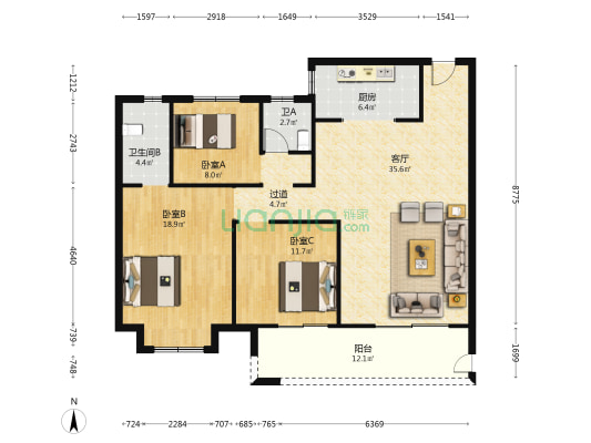 君望澜庭 3室1厅2卫 130平方