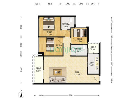 塑和公园华府 3室1厅2卫 99平方