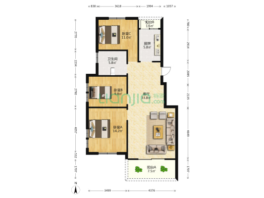 鸿鼎华庭B区 3室1厅1卫 110平方
