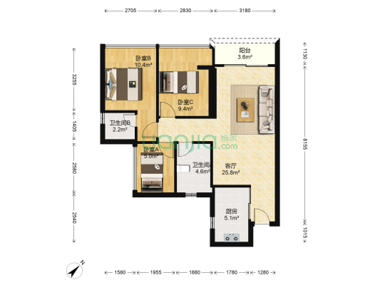 新福港鼎峰 3室1厅2卫 90平方
