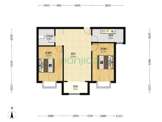 德信公园 观景大两居 三阳开泰 精装修 没怎么住国过-户型图