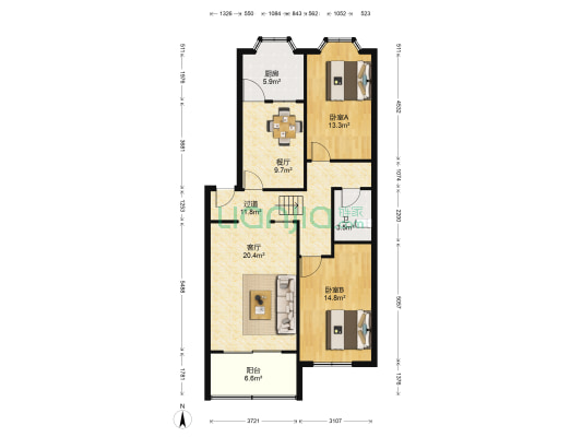 温泉小区东区 2室2厅1卫 105平方