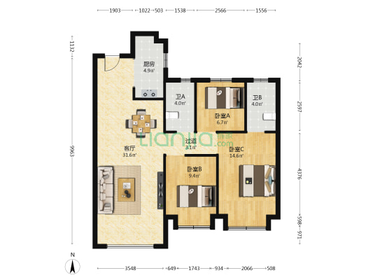 润兰之城B区 3室1厅2卫 109平方