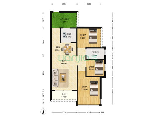 亲水湾 3室2厅1卫 85平方