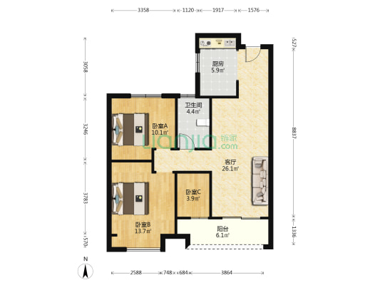 鹿屿华庭 3室1厅1卫 87平方