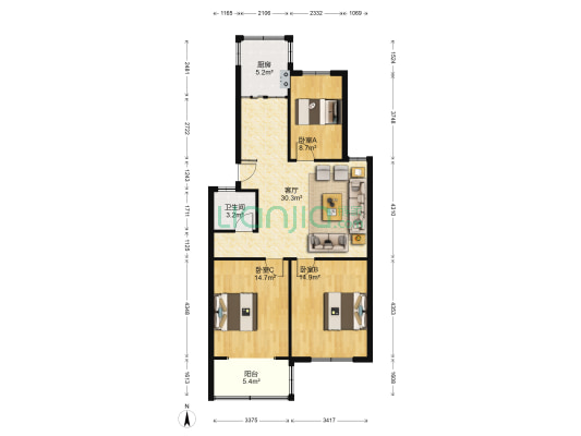 置业小区 3室1厅1卫 101平方