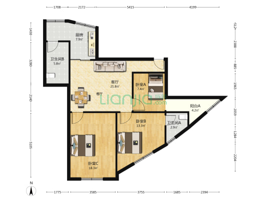 一环南街18号 3室1厅2卫 89平方