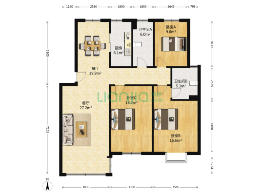 联民南区 3室2厅2卫 124平方