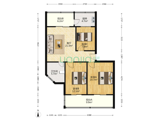 青山苑小区 3室1厅1卫 106平方