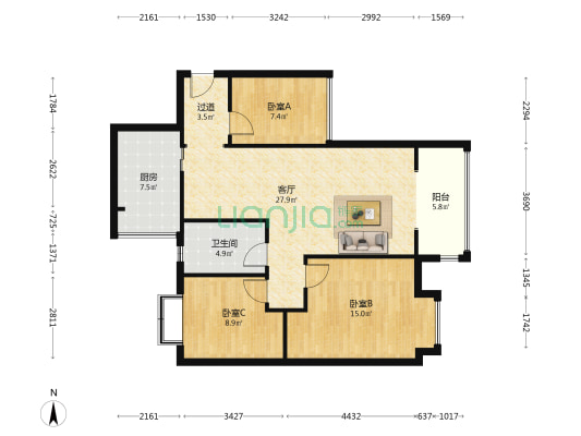 全兴花涧坊东区 3室1厅1卫 89平方