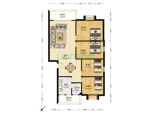 东逸花园 4室1厅1卫 112平方
