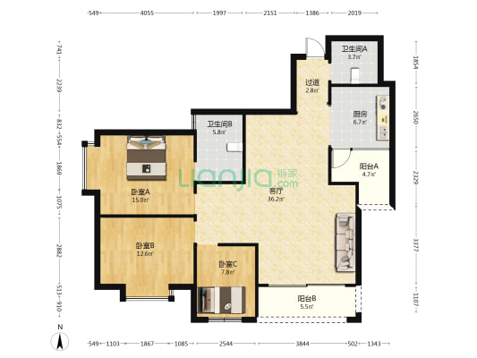 西尚林居小区 3室1厅2卫 124平方
