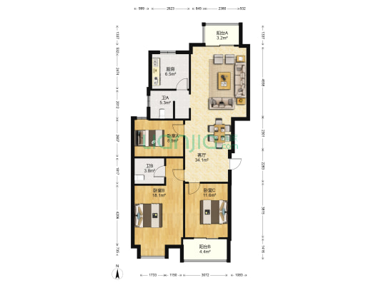 浪琴海 3室1厅2卫 120平方
