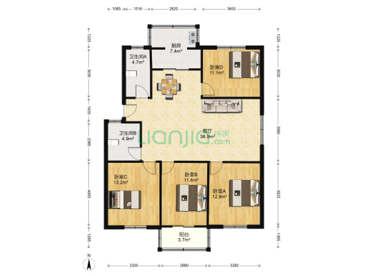 省高院宿舍 4室1厅2卫 128平方