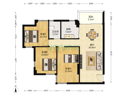 流花路39号大院 3室1厅1卫 97平方