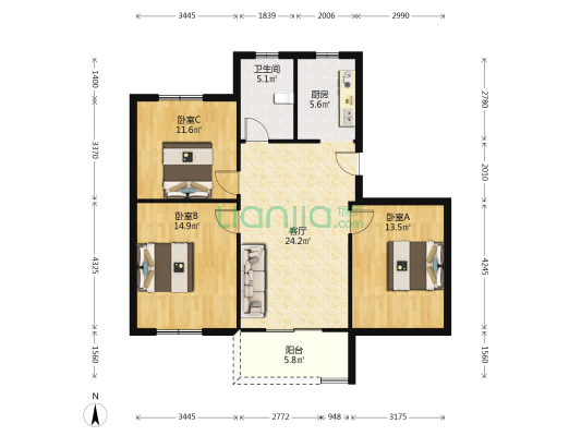 枫泾新村四区 3室1厅1卫 96平方