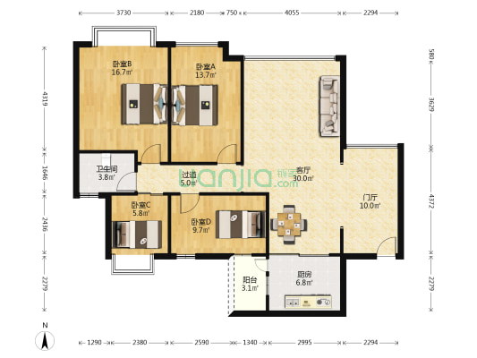 御鹿华庭B期 4室1厅1卫 125平方