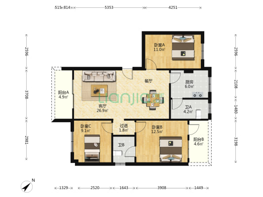 光明西街 3室1厅2卫 94平方