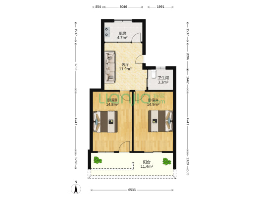 桥儿头新村紫薇组团 2室1厅1卫 63平方