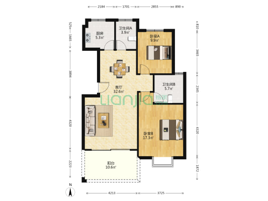 丽景花园东区 2室1厅2卫 103平方