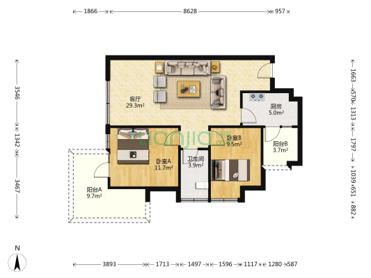 麓湖生态城云镜 2室1厅1卫 88平方