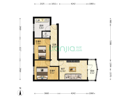 高炮营家属院 2室1厅1卫 54平方