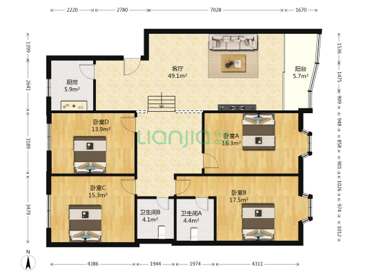 汇景苑（回兴） 4室1厅2卫 159平方