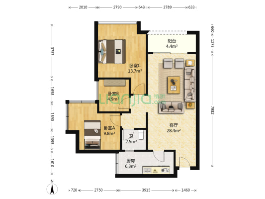万达华城一期 3室1厅1卫 85平方