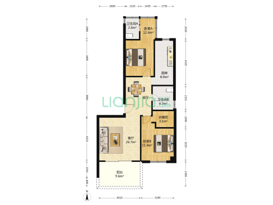 松岳里二区 2室1厅2卫 85平方