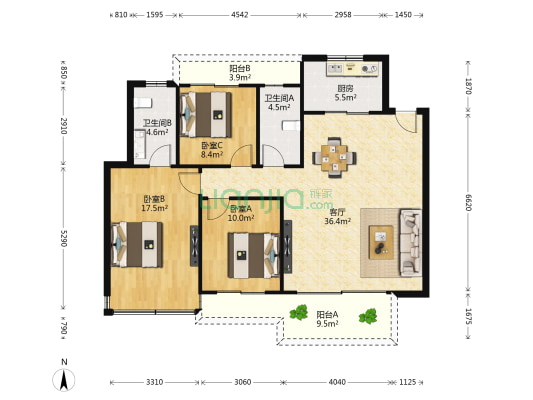 海棠别院 3室1厅2卫 126平方