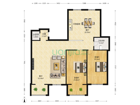 武昌花园 2室2厅2卫 153平方