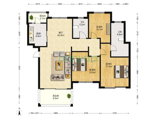 碧桂园威尼斯城蓝天花语 3室1厅2卫 125平方