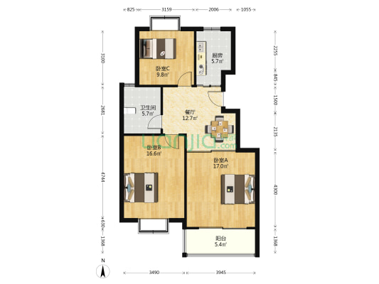 宇虹花苑 3室1厅1卫 90平方