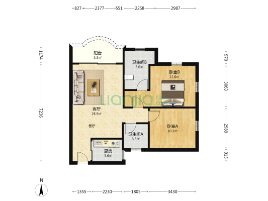 丰田花园 2室1厅2卫 77平方