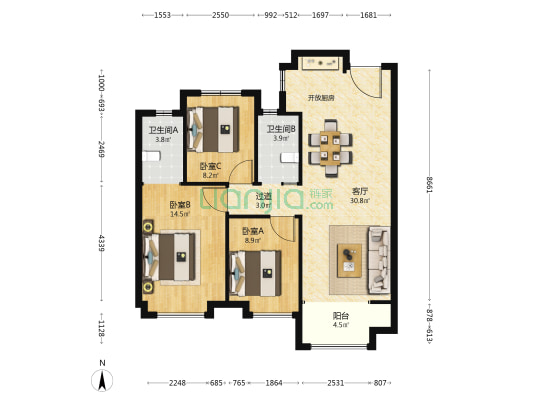 悦春山 3室1厅2卫 105平方