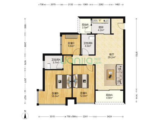 熙璟城 3室1厅2卫 88平方