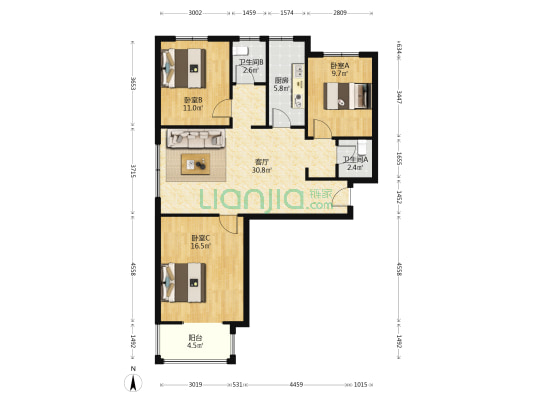 三居双卫，温莎假日别墅里的观景高层，采光好-户型图