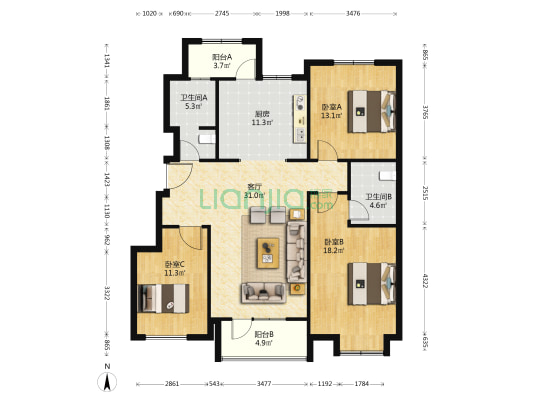 雅园一区 3室1厅2卫 131平方