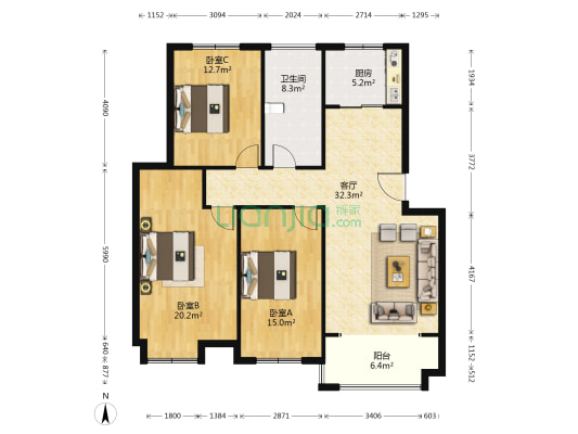 城市之心 3室1厅1卫 112平方