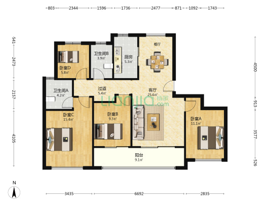 华发雅庭 4室1厅2卫 126平方