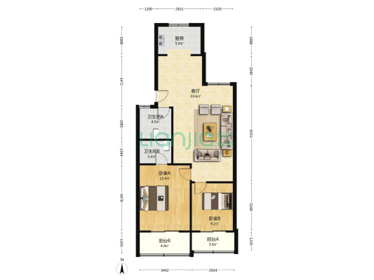 汉江春苑 2室1厅2卫 92平方