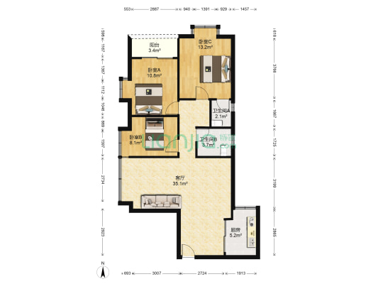 置富花园 3室1厅2卫 107平方